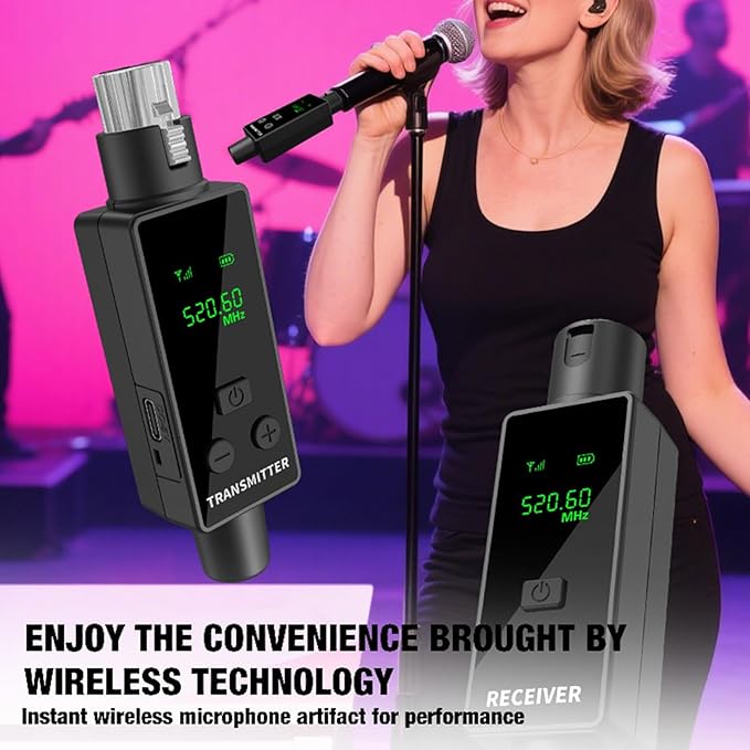 Bewinner 2.4GHz Wireless Microphone System, XLR Transmitter & Receiver, 24Bit/48kHz, Plug & Play Wireless Mic Adapter for Camera, PA, Mixer, Studio, Live Streaming (1 for 1)