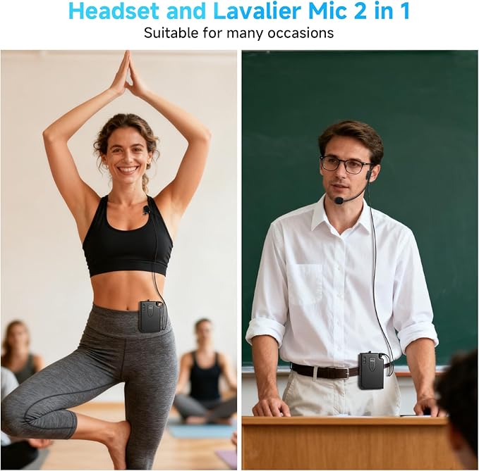 Wireless Microphone System with Headset Mic & Lavalier Lapel Mic, Portable Cordless Microphone Set, Bodypack Transmitter and Mini Receiver with 1/4'' & 1/8'' Plug, Ideal for Teaching, Speech