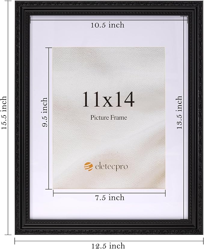 eletecpro 11x14 Picture Frames Set of 4, Vintage Frame with Glass Cover, Gothic Black Photo Frames 11 x 14 Display 8x10 Photo with Mat or 11x14 without Mat for Tabletop or Wall Decor, Black