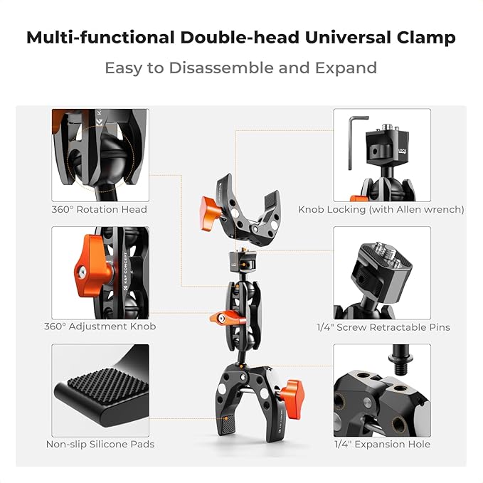 K&F Concept Magic Arm with Super Clamp + Double Camera Super Clamp for Chair, Pole, Tripod, 1/4" Threads Max Load Capacity 1.5KG