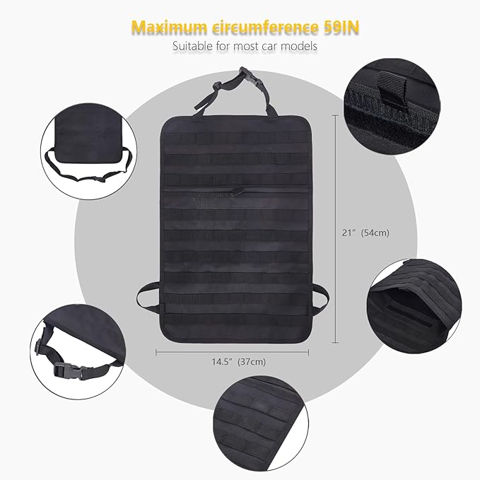Universal Tactical Car Seat Back Organizer Bag Tactical Molle Vehicle Organizers Panel Gear Accessories with 5 Different Size Molle Pouches for Car Truck Ford Jeep Vehicle (B style-Black)