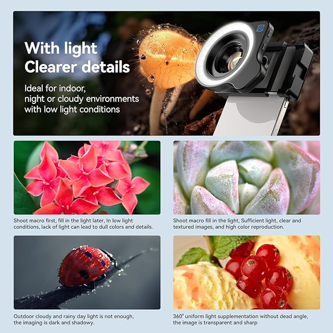 APEXEL 10-20X Macro Lens for iPhone & Android Phones | HD Photography Lens Kit with Universal Clip & 45-Mode Fill Light | Capture Still Life Close-Ups, Insects, Plants, Jewelry, Food & Small Objects