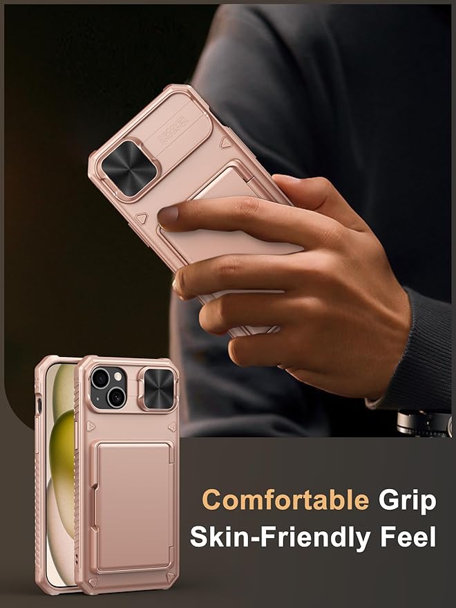 Vihibii for iPhone 15 Plus/iPhone 14 Plus Case with Card Holder (4 Cards), [RFID Blocking] & Slide Lens Camera Cover, Military Grade Drop Protection, Rugged Heavy Duty Wallet Phone Case, Rose Gold