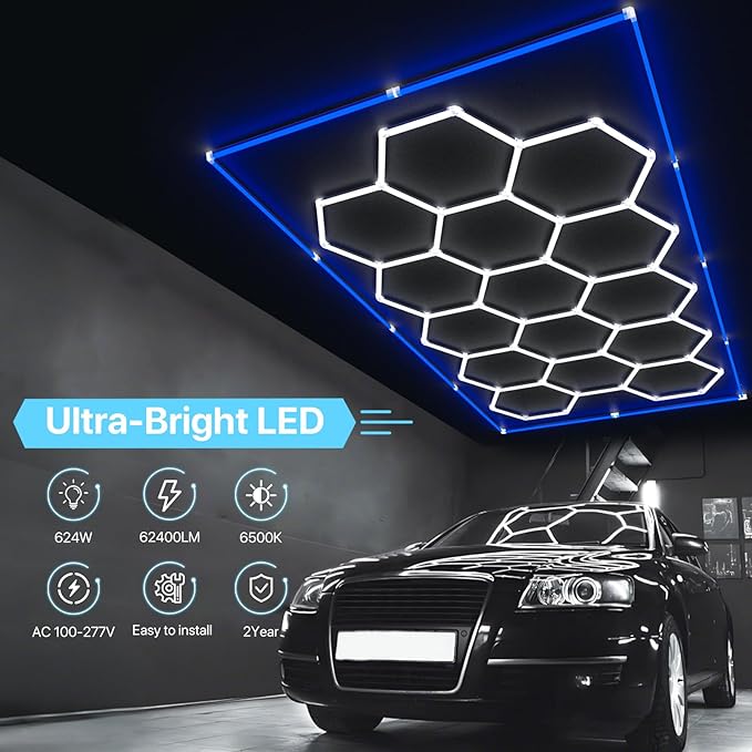 HYPERLITE Gen 2 Hexagon Garage Lights: 15 Grids with Border DIY Hexagon Led Lights, 6500K Ultra Bright, Easy Install Hex Light, Durable Design for Garage, Car Detailing, Workshops, Gym(Blue)