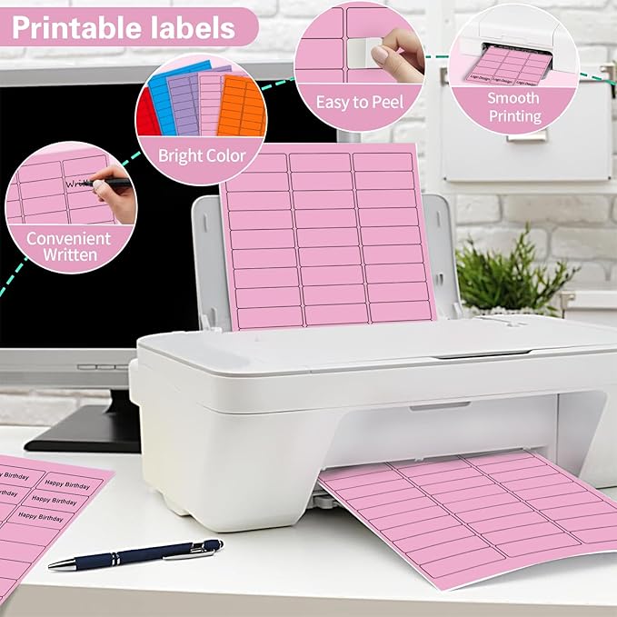 1" x 2-5/8" Colored Address Labels, 600 Bright Pink Label Stickers- Laser/Ink Jet Printer Mailing Labels, 8.5"x11" 20 per Sheet