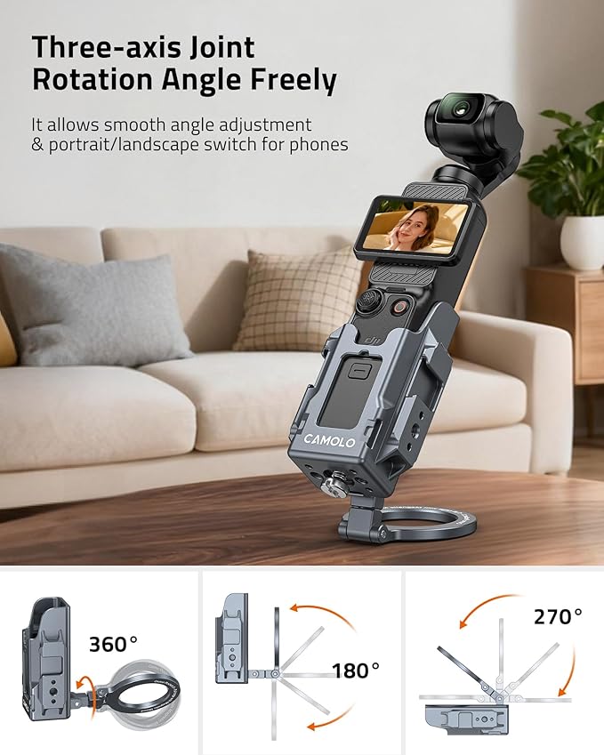Magnetic Mount Stand Compatible with DJI Osmo Pocket 3,Magnet Suction Case Holder,Protective Cage,Pocket 3 Accessories Handle Grip with Cold Shoe Mount for Vlog,Gym,Travel,Any Metal Surface