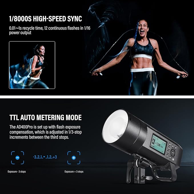 Godox AD400Pro 400Ws GN72 TTL 1/8000s HSS 2.4G X System All-in-One Outdoor Flash Speedlite Strobe Light, Battery-Powered Monolight, 390 Full Power Pops, 0.01-1s Recycle Time, 30W LED Modeling Lamp