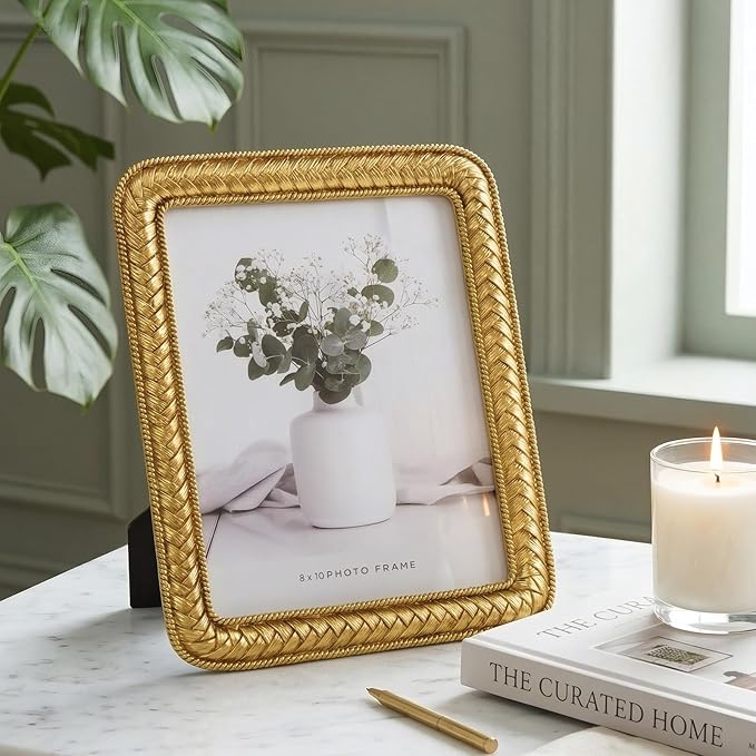 8x10 Gold Picture Frame, Ornate Resin Photo Frame with Glass Front, Decorative Rattan Design Gold Frames for Tabletop Display & Wall Hanging, Vintage Elegant Home Decor for Living Room, Bedroom