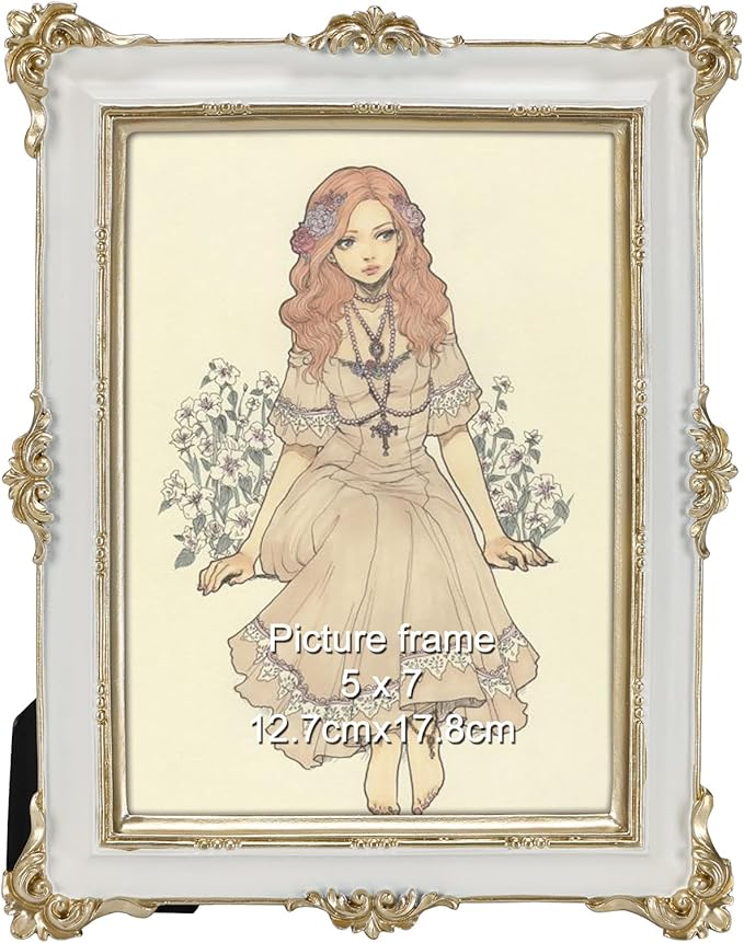 PHAREGE 5x7 White Picture Frame with Gold Trim, Vintage Decorative Display Photo Frame 5 by 7, Ornate Antique Frame for Tabletop or Wall