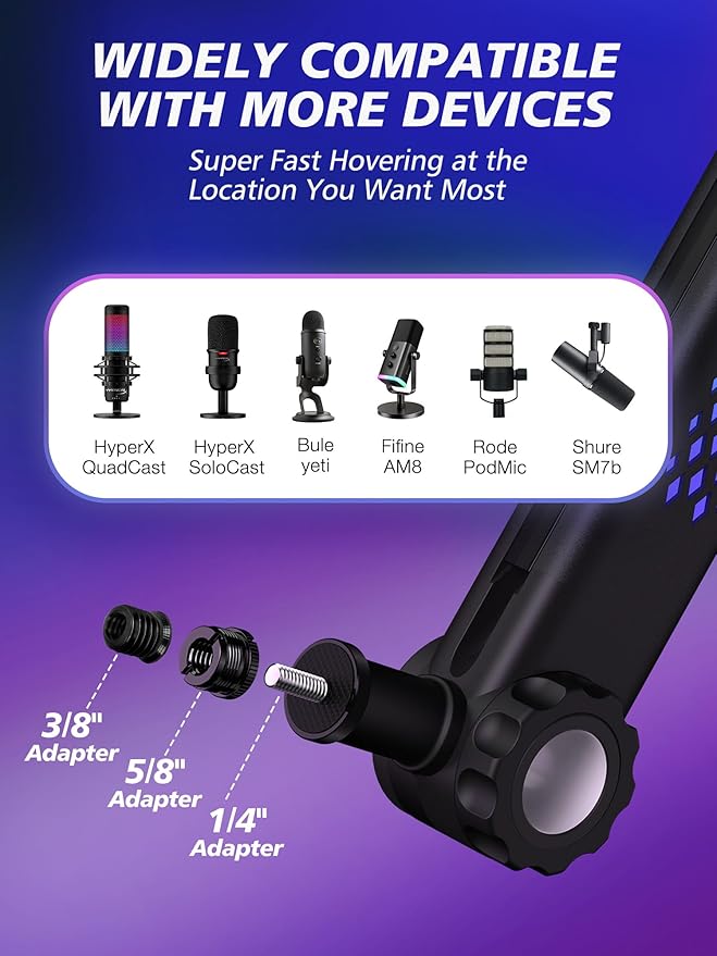 YOUSHARES RGB Mic Arm, Adjustable Boom Arm with RGB Control, Multiple Adapters, Compatible with Blue Yeti, HyperX，FIFINE AM8, Shure Mic，Rode and More, Perfect for Podcasting, Streaming and Gaming