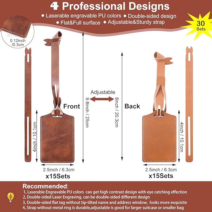 30 Sets Laser Engraving Material - Ideal Laserable Engravable Leatherette Team Gift Group Keepsake - Personalized Lasable Khaki & Brown Faux PU Leather Name ID Number for Bag Backpack Badge