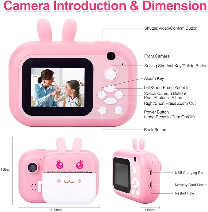 MINIBEAR Kids Camera Instant Print Camera for Kids Digital Camera Toddler Toys Christmas Birthday Gifts for 3 4 5 6 7 8 9 10 Year Old Boys Girls, Pink