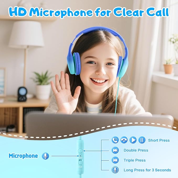 USB Type C Kids Headphones, Wired Headphones for Kids with Microphone 85/94dB Volume Limit, Stereo Sound Portable Over Ear Headphones for School/Travel/Tablet/iPad, Gradient Blue