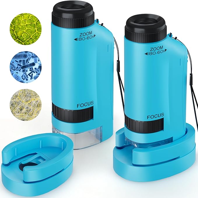 Portable Microscope for Kids Zoom 60x-180x,Handheld Mini Microscope Toy,STEM&Science Toys,LED Pocket,Little Scientist Microscopes with 12pcs Slides,Gift for 6,7,8,9,10+ Girls Boys（2PCS Blue）