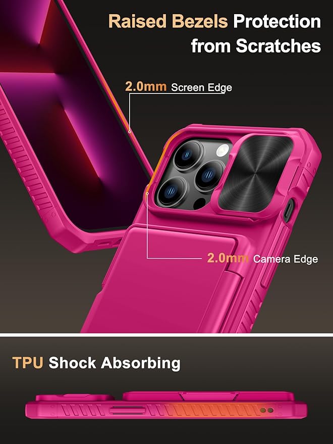 Vihibii for iPhone 13 Pro Case with Card Holder (4 Cards), [RFID Blocking] & Slide Camera Cover & Raised Edges Protect Screen, Military Grade Drop Protection, Rugged Wallet Case, 6.1" 2021, Pink