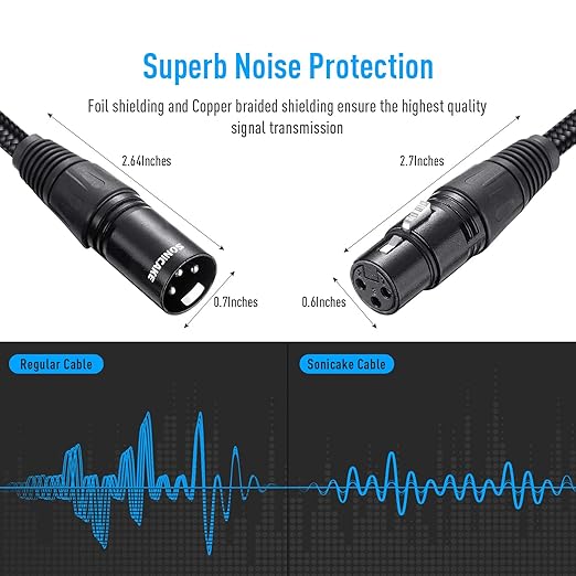 SONICAKE XLR Microphone Cable Male to Female 3 Pin Nylon Braided for Studio Recording and Live Production 6 Feet/2M, Black