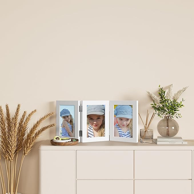 decorUhome Triple 5x7 Picture Frame Vertical, Engineered Wood Trifold Photo Frame with Plexiglass for Tabletop Display, 5x7, White