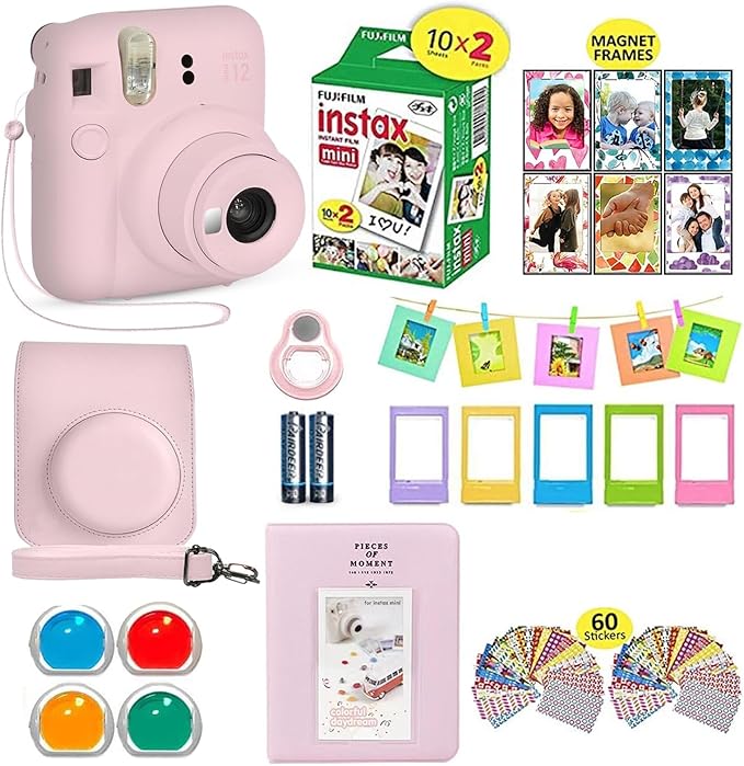 Fujifilm Instax Mini 12 Instant Camera Blossom Pink + Shutter Compatible Carrying Case + Fuji Film Value Pack (20 Sheets) + Shutter Accessories Bundle, Color Filters, Photo Album, Assorted Frames.