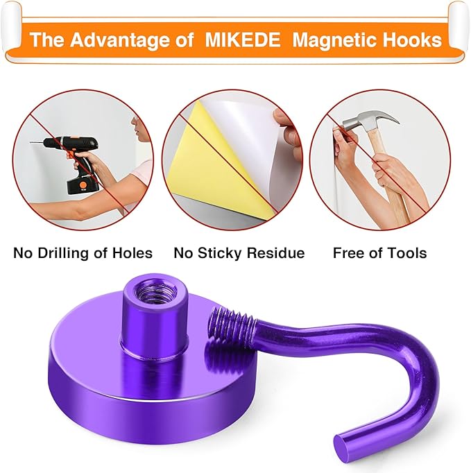 MIKEDE Magnetic Hooks Heavy Duty, 30LB+ Strong Magnets with Hook for Fridge, Neodymium Extra Strength Industrial Hooks for Hanging, Magnetic Hanger for Toolbox, Cruise, Grill (Purple, 4 Pack)