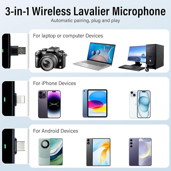 3 in 1 Wireless Lavalier Microphone for Android/Tablets/PC Intelligent Noise Cancelling with Charging Case Dual Microphones 20 H Battery Life, Mini Microphone for Video Recording Podcast-Black