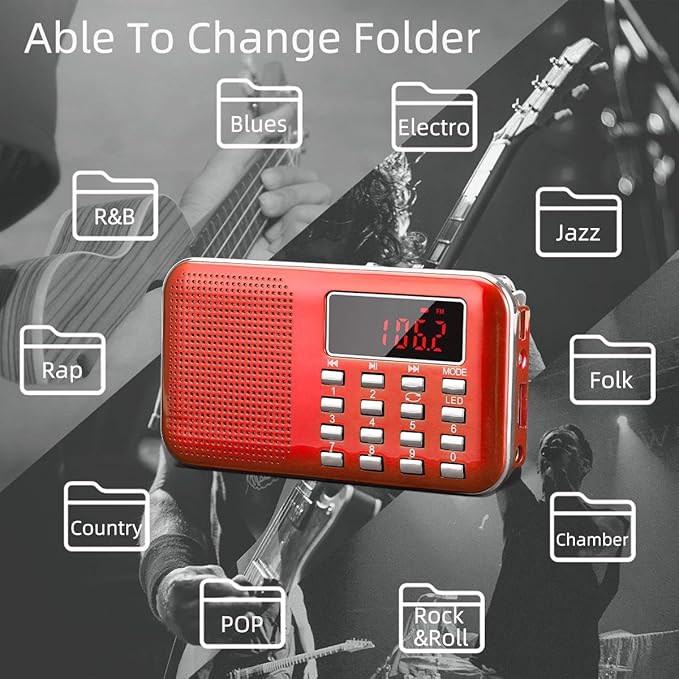 PRUNUS Mini Portable Radio AM FM Pocket Radio with MP3, LED Flashlight, Digital Radios Speaker Support Micro SD/TF Card/USB, Auto Scan Save, 1200mAh Rechargeable Battery Operated[Latest Version]