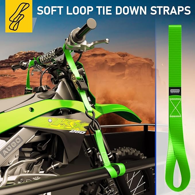 Soft Loop Tie Down Straps - 1,500 Load Capacity & 4,500 Lbs Breaking Strength - 6 Pack - Loops for Securing ATV, UTV, Motorcycles, Scooters, Dirt Bikes, Lawn & Garden Equipment - by AUGO