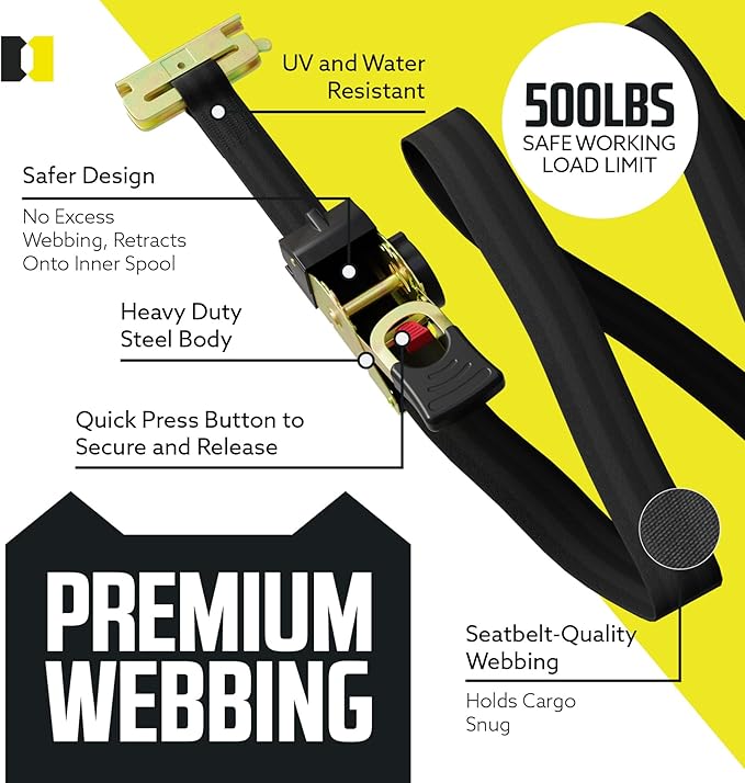 DC Cargo Mall E Track Retractable Ratchet Tie Down Straps Heavy Duty 1,500 lb Break Strength - Trailer E Track Accessories for Secure, Safe Transport 1" x 6' (2 Pack)