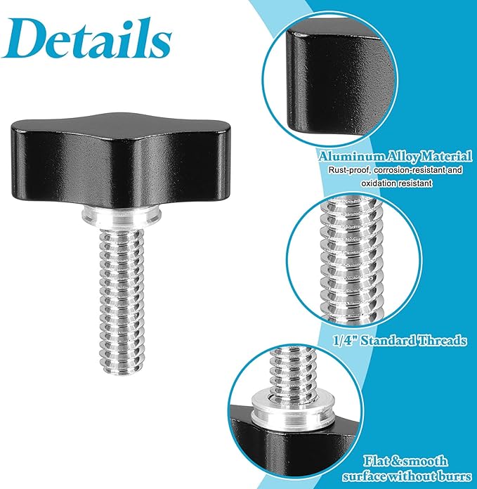PATIKIL Clamping Screw Knob 1/4" x 1.38", 2Pcs Aluminum Alloy t Shaped Camera Thumb Screws for DSLR Flash Bracket Light Stand Adapter Action Sports Camera Mounting System, Black