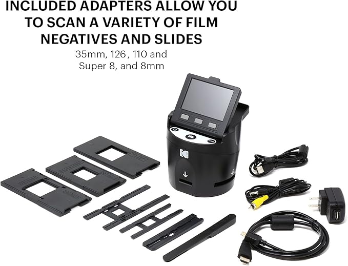 Kodak SCANZA Digital Film & Slide Scanner – Converts 35mm, 126, 110, Super 8 & 8mm Film to JPEG with 3.5" LCD, Easy-Load Inserts & Adapters