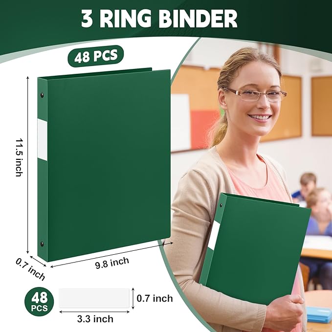 Henoyso 48 Pcs 3 Ring Binder 1/2'' Round Fits Letter Size 8.5'' x 11'' Paper Plastic Flexible Binder Holds 140 Sheets with 1 Pockets Versatile Organizer for Home Office School (Dark Green)