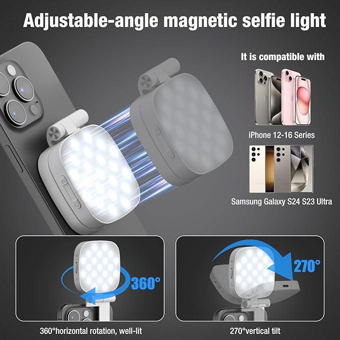 Diyife Magnetic Selfie Light for Phone, [Compatible with MagSafe] CRI95, 6 Modes, 45 LED, 360° Rotatable Phone Light with Foldable Mirror, Portable Selfie Ring Light for Zoom Makeup Video Conference
