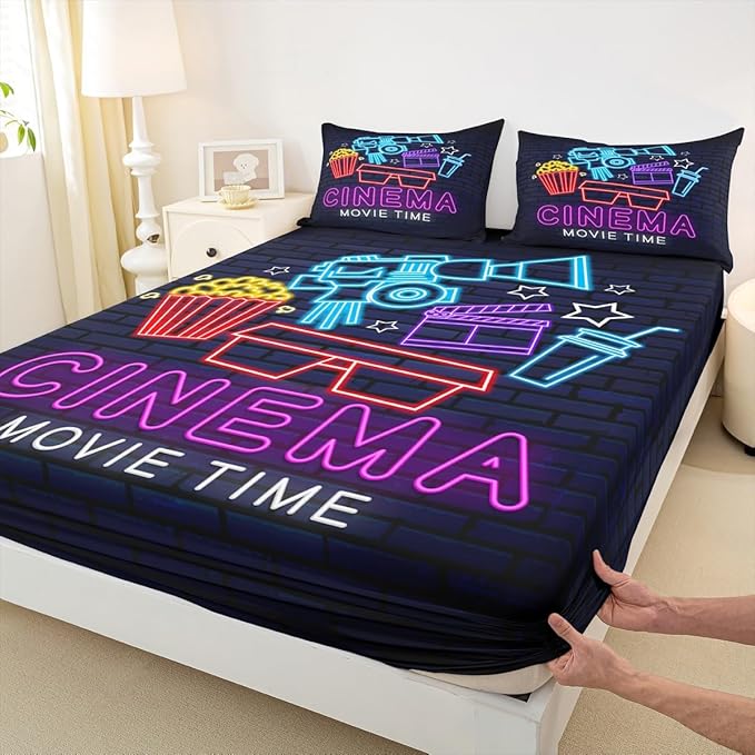Erosebridal Movie Bed Sheets Set for Boys Girls Family Home Theater Decor Sheet Set King Size Retro Film Style Sheets Movie Themed Fitted Sheet Vintage Popcorn Print Flat Sheet