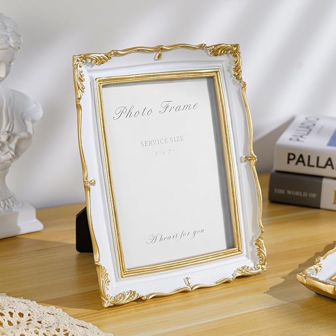 Cuspin 5x7 Picture Frame, White and Gold Vintage Ornate Resin Photo Frame with Glass Front, 5 by 7 Picture Frame for Wall Hanging or Tabletop Display