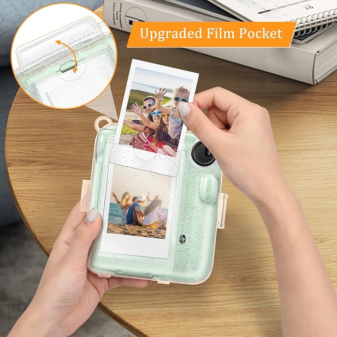 Fintie Protective Clear Case for Fujifilm Instax Mini 12 Instant Camera - Crystal Hard Shell Cover with Upgraded Film Pocket for Storing Photos & Removable Shoulder Strap