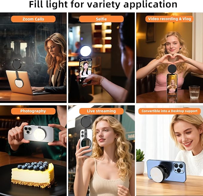 Magnetic Selfie Light Portable Fill Light Compatible with iPhone Magsafe, 5 LED Modes CRI95+ Phone Ring Light with Mirror Rechargeable Selfie Light for Photography Video Conference Makeup