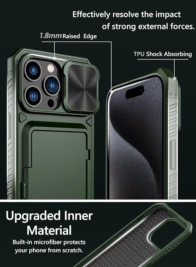 Vihibii for iPhone 15 Pro Max Case with Card Holder (4 Cards) & Slide Camera Cover & Kickstand, Military Grade Drop Protection, Rugged Hard Back & Silicone Edge Wallet Phone Case, 6.7" 2023, Green