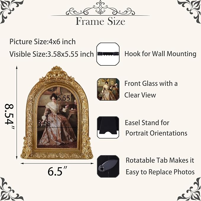Vintage Picture Frames 4x6 Ornate Bronze Antique Picture Frames for Wall and Tabletop Vintage Photo Frame Victorian Home Decor Gallery Wall Decor in Arch Shape
