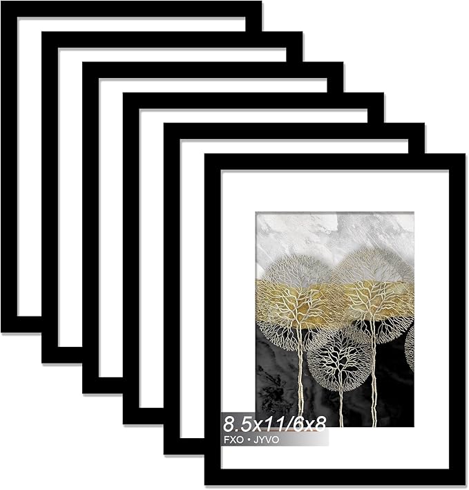 8.5x11 Picture Frame Set of 6, Display Photo 6x8 with Mat or 8.5 x 11 Without Mat, Light Weight and High Transparent 8.5 by 11 Frame for Wall - 6 Pack/Black/8.5"x11"