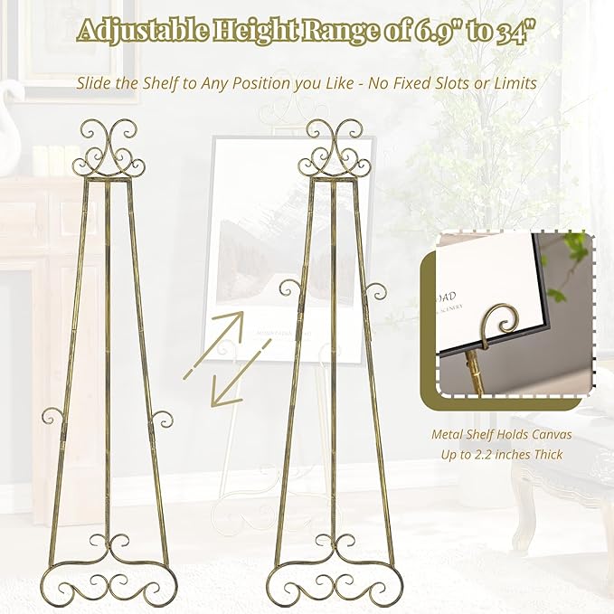 57”H Metal Easel Stand for Sign Rustic, Upgrade Large Free Standing Adjustable Display Scroll Easel Stand, Heavy Duty for Mirror Pictures Wedding Holder Showcasing with Chain Support