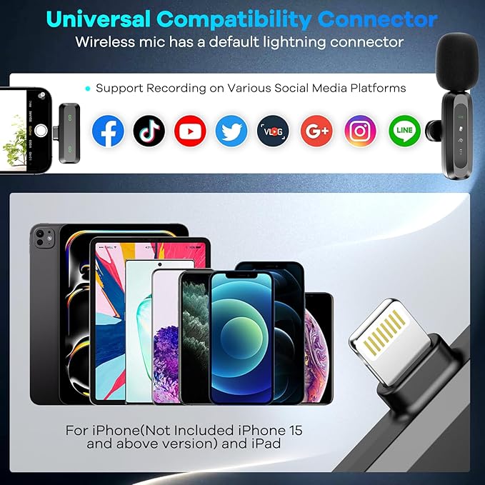 2 Pack Wireless Lavalier Microphone for iPhone 15, USB C Android Phone, Laptop, Tablet, PC, Type-C Mini Lapel Mic with Noise Reduction for Vlog Video Recording Content Creator (Lightning)