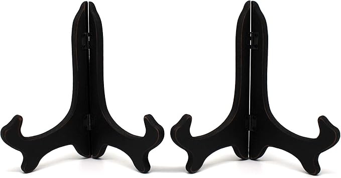 CVHOMEDECO. Vintage Distressed Black Decorative Wooden Plates Rack Wood Easels Holder Folding Display Stand Home Décor Art, 7 Inch, Set of 2.