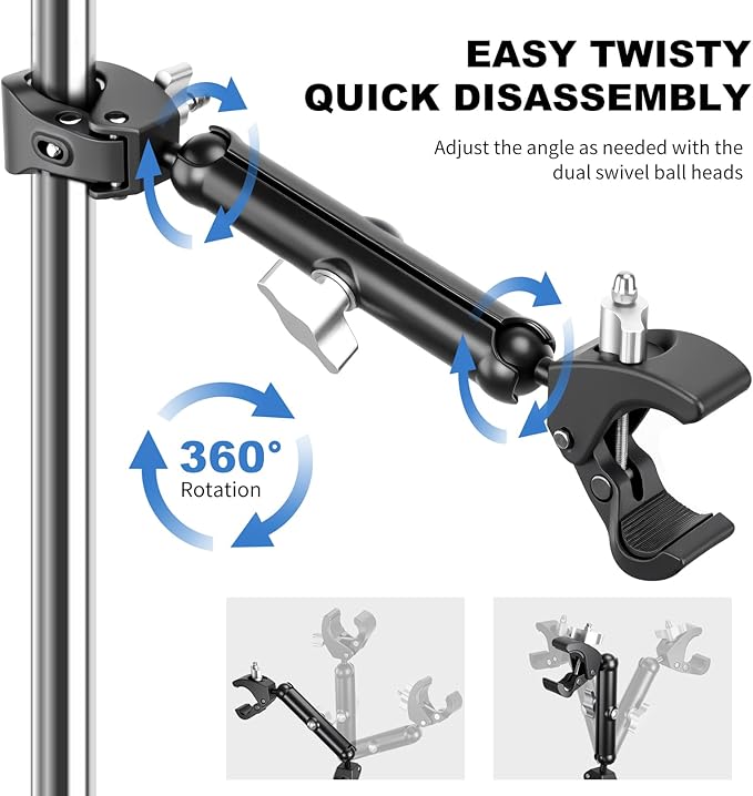 Double Super Clamp Camera/Umbrella Mount,360° Magic Long Arm Pole Clamp,Double Ball Head Adapter for Photo Studio Light Stand,Gopro,Golf Carts,Motorcycle,Cross Bars,Strollers (Black)