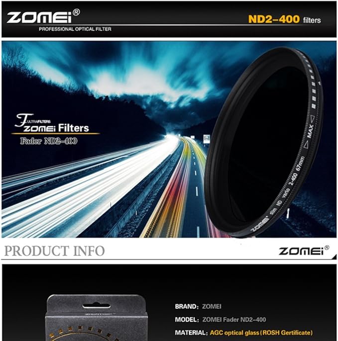 Zomei 49mm Ultra Slim ND2-ND400 Fader Variable Neutral Density Adjustable ND Lens Filter Optical Glass