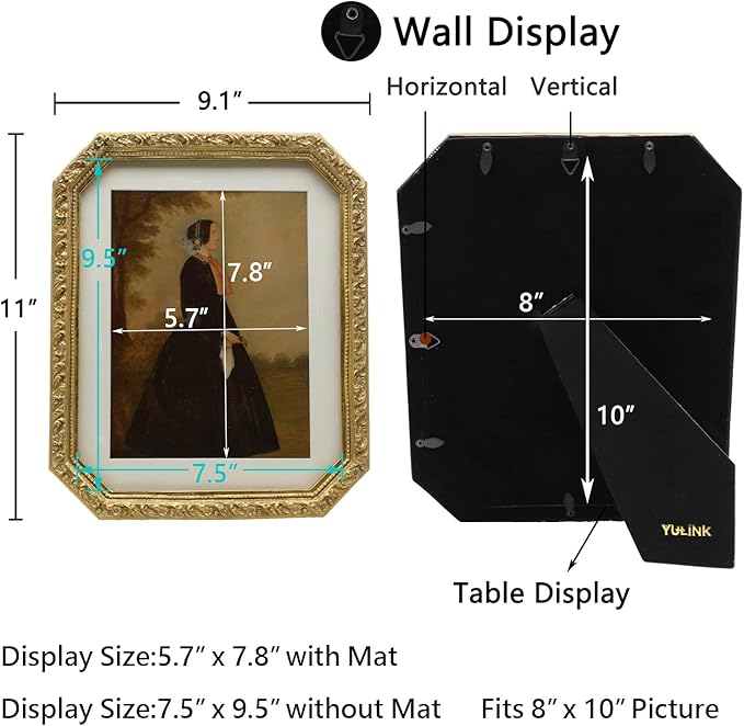 8x10 Vintage Picture Frame, Antique Ornate Gold Octagon Photo Frame with Mat, for Tabletop and Wall Display, Decorative Retro Home Decor, Old Fashioned Photo Gallery Art