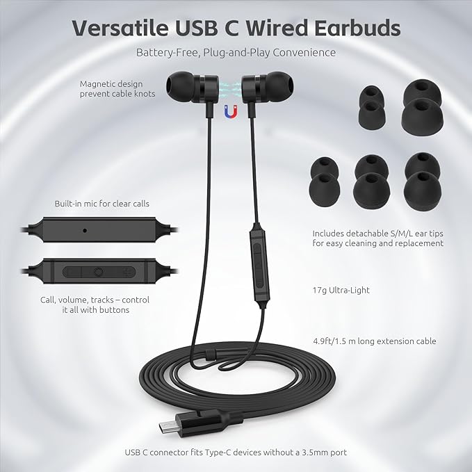USB C Headphones for iPhone 15 16 17,for Samsung S20-S23 A53 A54 Type C Wired Earbuds,Built-in Microphone Hi-Fi Bass Earphones,4.9ft Long Cord Magnetic in-Ear Ear Buds with 6 Ear Tips(Black)