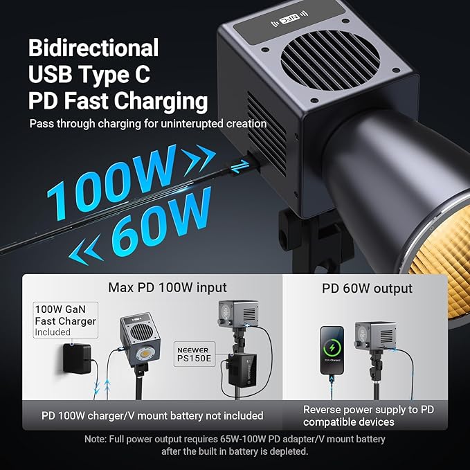 NEEWER 60W Mini LED Video Light with 50Wh Battery/100W PD Fast Charging, APP/2.4G Control/NFC, Bi Color Dimmable COB Studio Continuous Output Lighting 44,800 lux/1m 2700-6500K CRI97+ 12 Scenes, HB60B