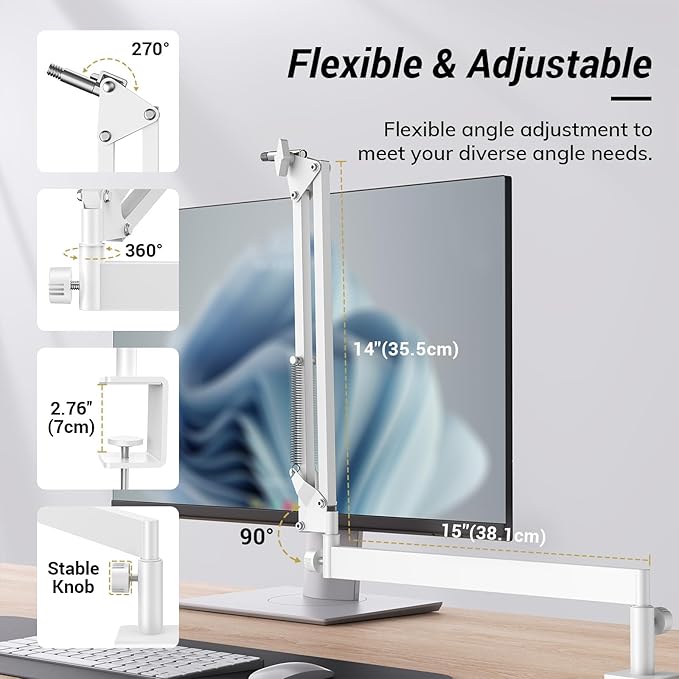 Tonor Mic Arm Desk Mount, Low Profile Boom Arm, Microphone Arm, Adjustable Mic Stand with Desk Mount Clamp, Cable Management, 3/8’’ and 5/8’’ Screwadapter for Most Microphone, White, T20LP