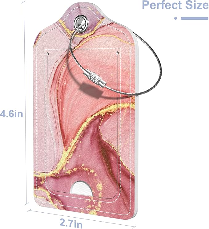 2 Pack PU Leather Luggage Tags for Suitcase, Travel Cruise Luggage Tag with Privacy Flap, Name ID Label and Metal Loop for Women Men Baggage Handbag School Bag Backpack, Pink Marble