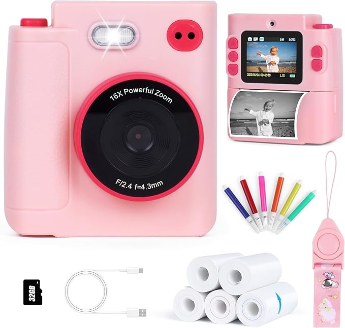 Kids Camera Instant Print, 1080P HD Dual-Lens Selfie Digital Camera with 5 Printing Paper Rolls & 32G TF Card, for Children, Portable Toddler Toy for Age 3-12 Boys & Girls (Pink)