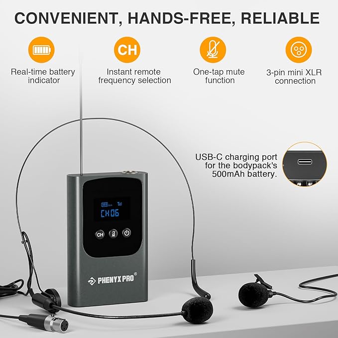 Phenyx Pro Single Digital Wireless Microphone System, w/Mini Receiver, Bodypack Transmitter,15 Channels in 900MHz UHF Band, Headset/Lapel Microphone for Karaoke, Singer, Church, Wedding (PDP-1-1B)
